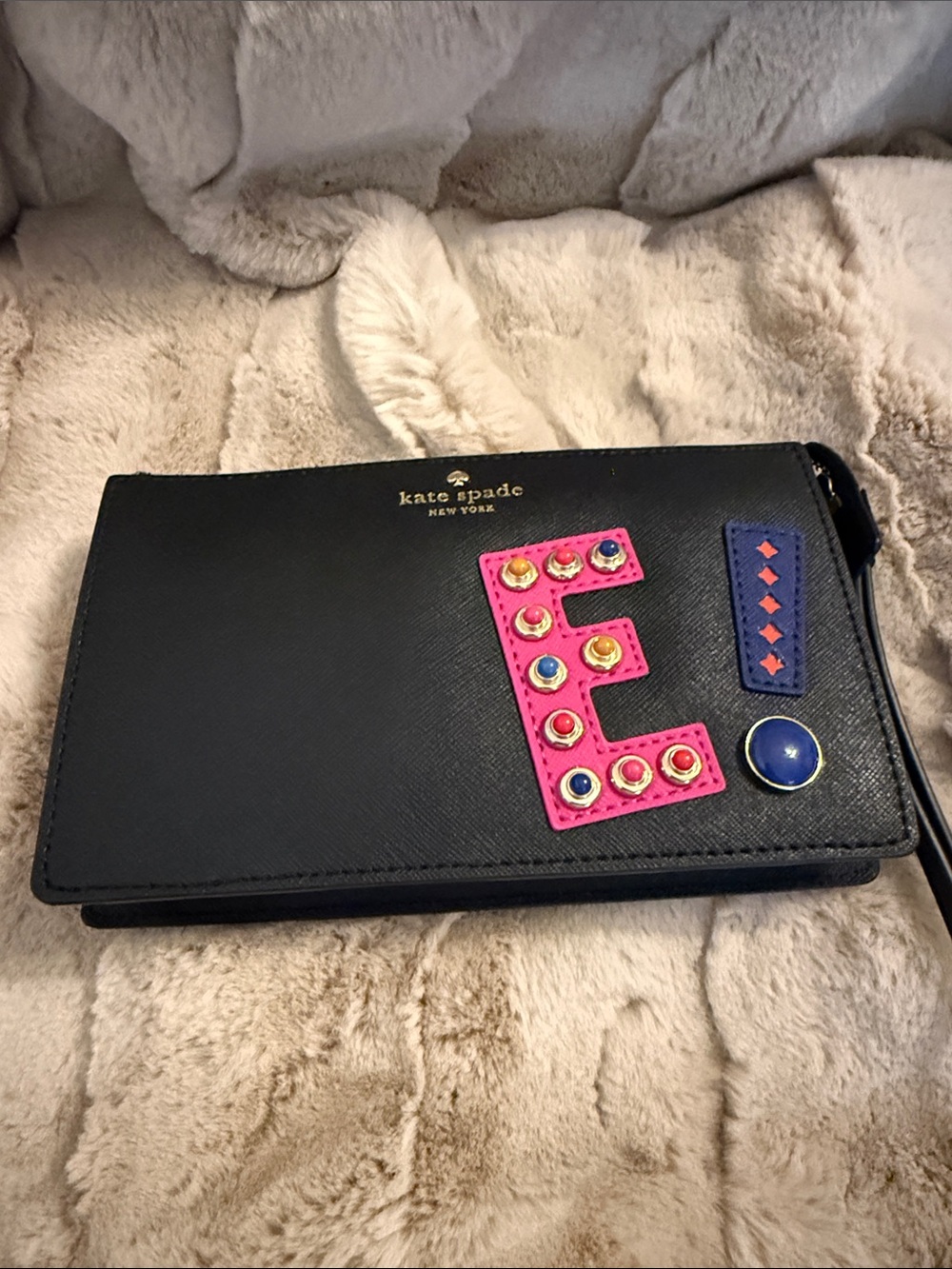 kate spade Black Wristlet with Pink 'E' and Blue Accents